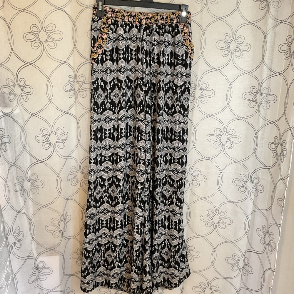 Women's LA Hearts Boho Wide Leg Black / White Geometric Pants‎ Pockets Size XS